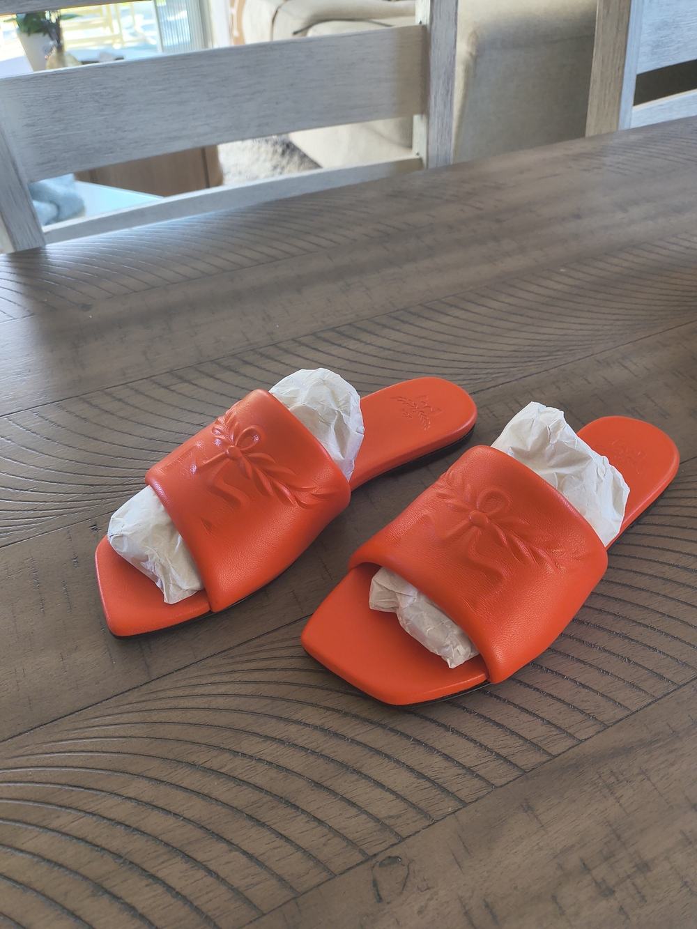 MCM Women's Orange Slide Sandals - Designer Embossed Bow